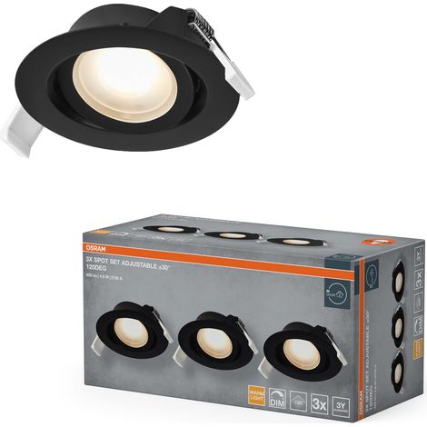 Spot Set Spot LED encastrable DIM 4,9W 120° Noir, lot de 3 spots de plafond dimmables à coupure de phase, blanc chaud (1/3)