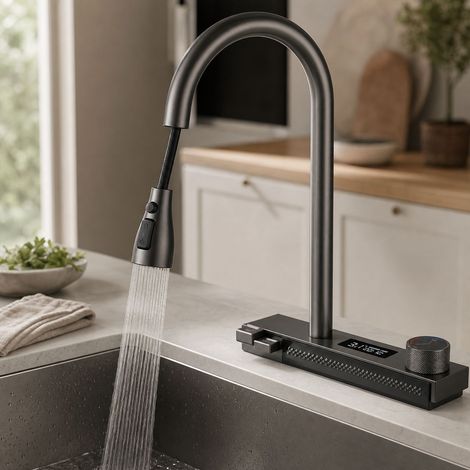 Robinet de cuisine extractable avec cascade et affichage numérique, 4 modes de jet, mitigeur en laiton gris gunmetal, flexible 60cm (1/5)