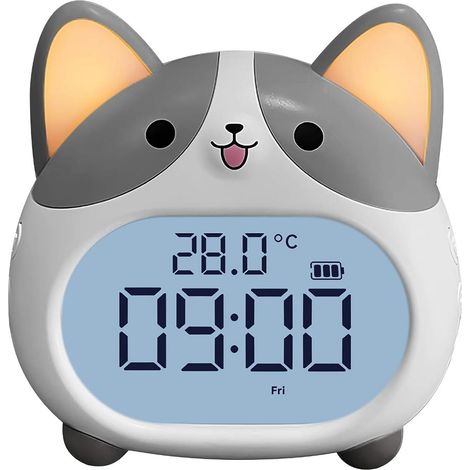 Dog alarm clock, loud bell alarm clock with night light, rechargeable digital clock for teens with 6 alarms, timer and temperature display (1/5)
