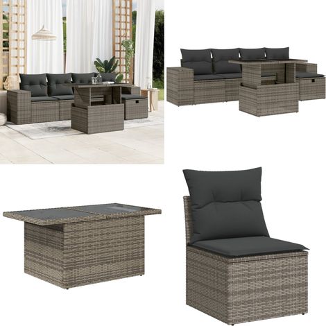 Salon de jardin 6 pcs avec coussins gris résine tressée - Ensemble Salon De Jardin - Mobilier De Jardin - Table De Jardin Extensible - Chaise Lounge - Fauteuil De Jardin - Home & Living (1/5)