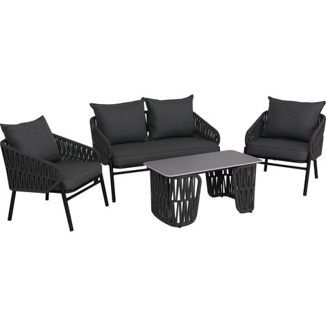 Ensemble de jardin HWC-P90, ensemble lounge canapé fauteuil table, tressage en corde Rope tissu/text