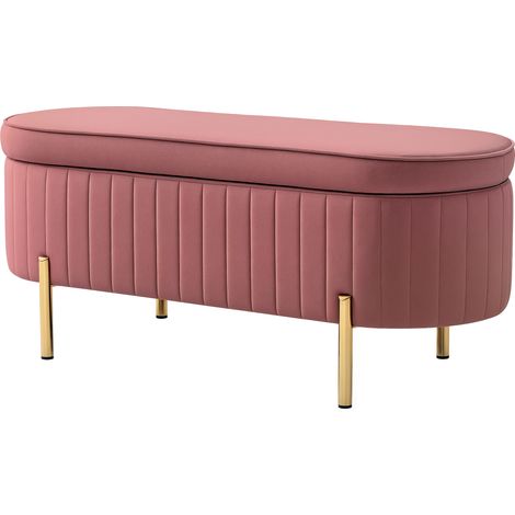 Banc de rangement velours rose avec couvercle, bout de lit 108 cm, capacité 72 L, pieds métal