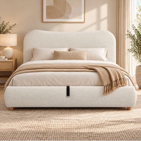 Cama doble 180/200 cm blanca en bouclé con arcón hidráulico (1/5)