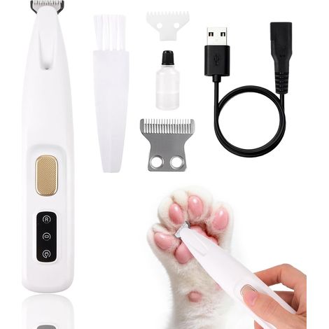 Tondeuse pattes chien/chat LED, étanche, USB, zones sensibles (visage, yeux, oreilles).