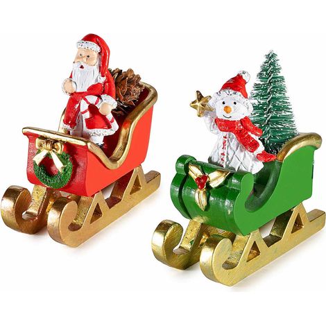 Babbo Natale e pupazzo di neve su slitta in resina con decorazioni dorate, set da 4 pezzi, cm 3,5 x 8 x 9 H