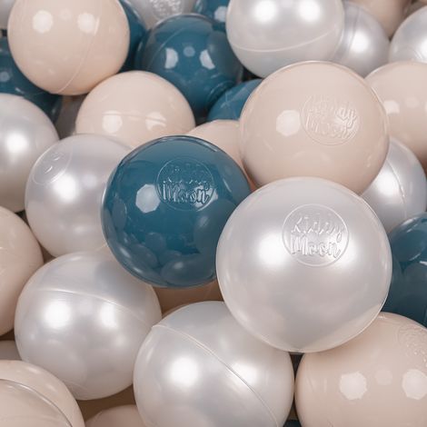 Palline di plastica KiddyMoon da 7 cm, turchese scuro, beige pastello, perla, set da 100 palline giocattolo
