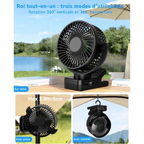 Ventilateur portable rechargeable 12 000 mAh avec pince, télécommande, 44 h, silencieux, 3 vitesses, lumière LED, 360°, minuteur, pour bureau, camping, poussette et camping-car (1/4)