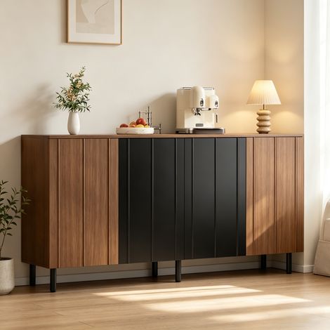 Modernluxe - Buffet moderne 160x35x80 cm - 4 portes et compartiments de rangement - Panneaux de particules - Marron et noir (1/5)