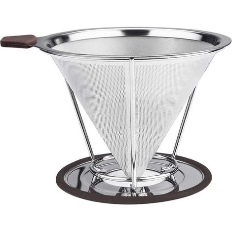 Filtre À Café En Acier Inoxydable - Conique Réutilisable Pour 1 À 4 Tasses - Double Maille - Poignée En Silicone - Sans Papier (1/5)