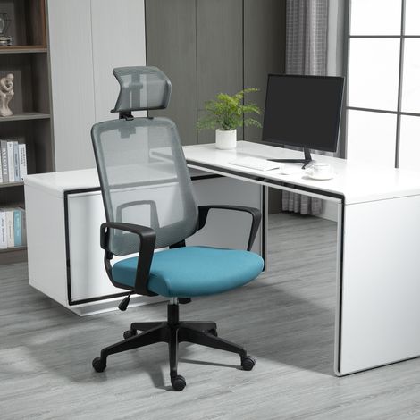 Silla de Oficina Ergonómica Silla Escritorio Giratoria con Altura Ajustable Soporte Lumbar Reposabrazos y Reposacabezas Regulable Malla Transpirable 63,5x63x116,5-125,5 cm Azul y Gris (1/5)