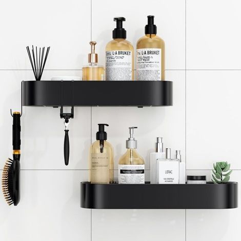 ALLIANDISEtagere Douche sans Percage, 2 Pièces Etagere Salle de Bain Antirouille avec 4 Crochets, 38,5-40 cm Grande Capacité Rangement Salle de Bain Accessoire Organisateur (Noir)