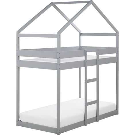 Litera infantil con dosel en forma de casa dormitorio somier de madera de pino gris 90 x 200 cm Labatut