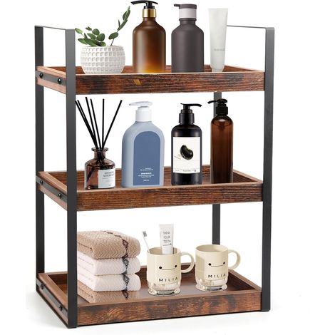 Étagère de rangement à trois niveaux pour café, salle de bain, organiseur de salle de bain, étagère en bois avec cadre en métal, étagère à épices pour cuisine (1/5)
