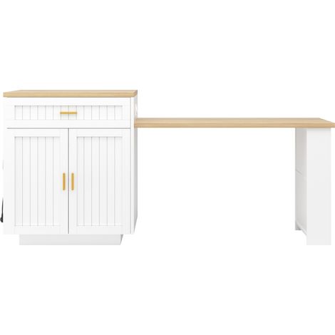 Isla de cocina extensible con enchufe integrado, 121,5-192 cm, 1 cajón y puertas acanaladas