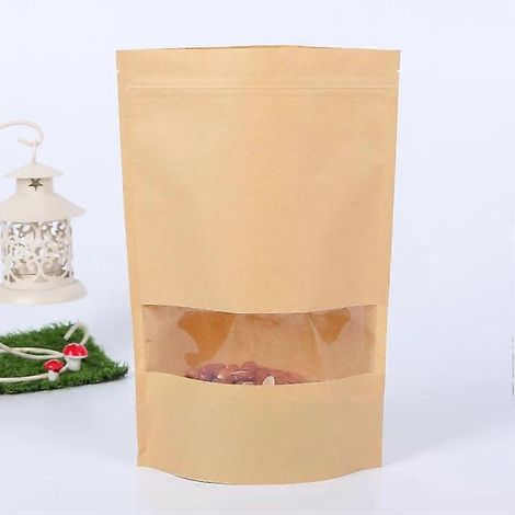 Sacs en papier kraft à fermeture éclair et autocollante - Lot de 50 avec fenêtre, 14 x 22 + 4 cm, transparents, parfaits pour les cadeaux et les aliments (1/5)
