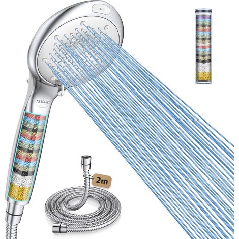 Pommeau de douche noir avec filtre anti-calcaire, 8 types de jets, haute pression, avec tuyau de 2 m, 20 couches de filtration pour eau dure, chlore résiduel, bactéries, métaux lourds