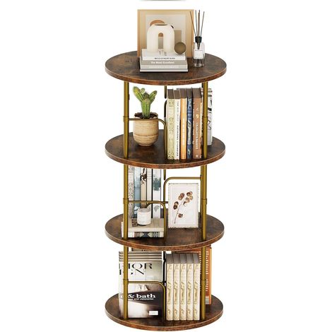 Bibliothèque Rotative à 360°, Étagère Livre en Bois sur Pied, Bibliothèque Tournante à 3 Niveaux, Niveaux Réglables, Tour de Rangement pour Chambres, Bureaux et Salons, 45 × 45 × 97 cm, Marron Vintage (1/5)
