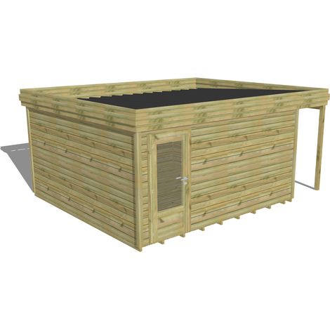 ABRI DE JARDIN bois Pin autoclave 27mm - 5,34x4,34m / 23,2m2 - Bac acier - Plancher bois