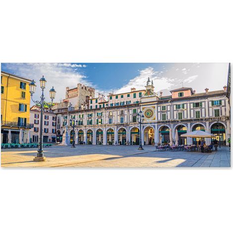 Lupia - Quadro moderno su Tela Canvas DEEP 65X143 cm, con paesaggi e localismi italiani, per casa, soggiorno, capezzale camera da letto, hotel, ufficio, BRESCIA - TORRE DELL'OROLOGIO (1/4)