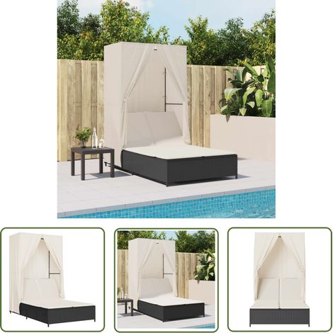 The Living Store Doppel-Sonnenliege mit Dach und Vorhängen Schwarz Poly-Rattan - Doppel-Sonnenliege - Liegeplatz Im Freien - Gartenmöbel - Sonnenschutz - Outdoor Lounge (1/5)