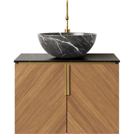 Hängendes Badmöbel 61 cm mit Keramikwaschbecken in Schwarz und 2 Türen Eiche (1/5)
