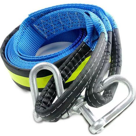 Corde de remorquage pour voiture de 5 mètres, capacité de charge de 8 tonnes, en polyester haute résistance, avec crochets, bandes réfléchissantes bleues et gants inclus. (1/5)