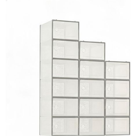 Gain de place et organisation – Boîte de rangement à chaussures empilable – Plastique transparent, pliable, ventilée, avec couvercle et tiroir – Pour placard, chambre – Lot de 15 pièces gris (1/5)