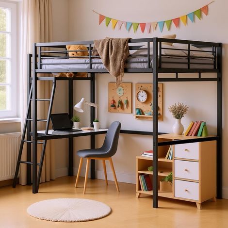 Meuble Cosy Lit Mezzanine pour Enfants avec Bureau en Verre et métal, Lits 140x190cm pour Garçon et Fille, Noir (1/5)