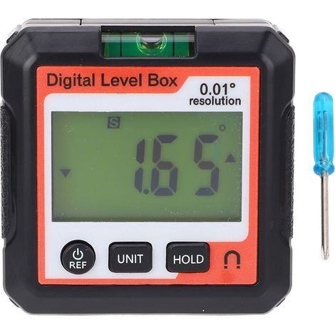 Indicador de ángulo digital de 4x90° con nivel de burbuja y base magnética, naranja y blanco. (1/5)