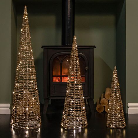 Set of 3 Gold Glitter Twist Christmas Cone Trees with 90 Warm White LEDs (1/5)