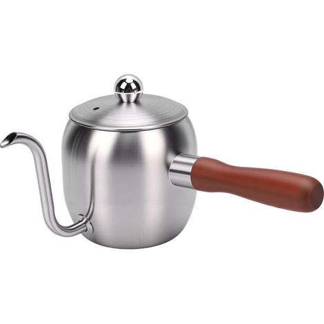 Bouilloire à café 500 ml en acier inoxydable 304 avec bec verseur en col de cygne et poignée en bois, idéale pour la maison, le bureau et le camping. Couleur argent. (1/5)