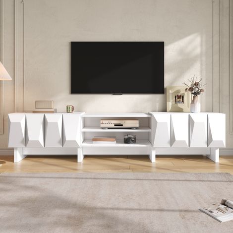 Meuble TV 180 cm Blanc, Meuble télé de Salon Design Relief 3D avec Portes et Étagère, Ouverte Rangement pour Câbles, Moderne Scandinave (1/5)