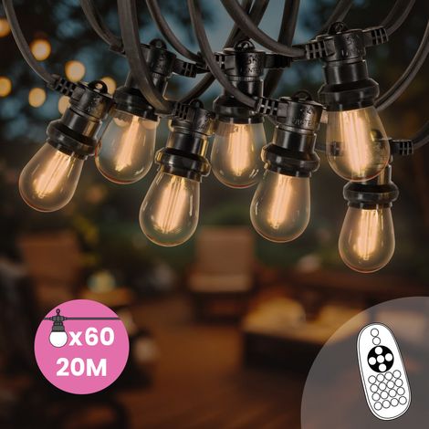Guirlande Guinguette 20M 60 Bulbes Filament Ambré Dimmables - Guirlande Lumineuse Exterieur avec Ampoule E27 à Intensité Variable - Variateur de Luminosité et Télécommande Inclus (1/5)