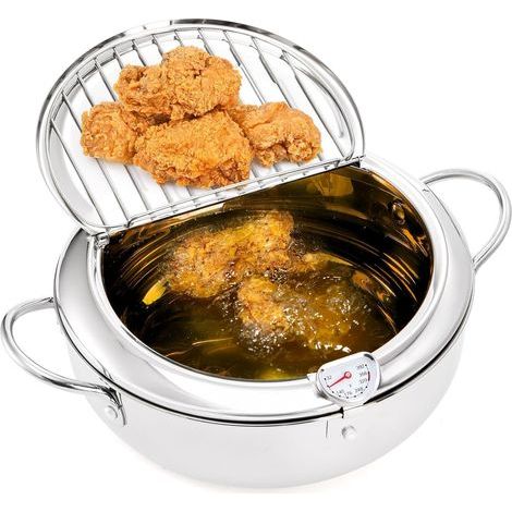 Poêle à frire, marmite en acier inoxydable avec vidange d'huile, contrôle de température et couvercle, friteuse tempura pour plaques de cuisson gaz/induction, pour frites et poulet (20 cm) (1/4)