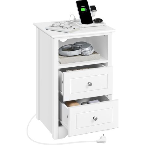 Homevive Mesita de Noche con Estación de Carga y Dos Cajones Mesilla de Noche 40x35x60 cm Blanca Cajonera Mueble para Cama Dormitorio Madera MDF (1/5)