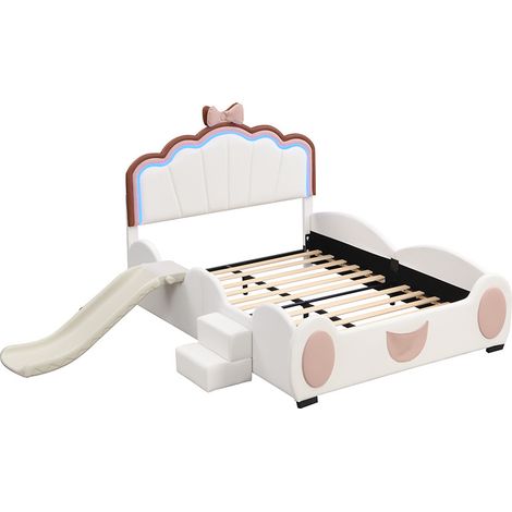 Letto per bambini 140 x 200 cm in PU e MDF con LED, scivolo e scaletta, rosa e bianco (1/5)