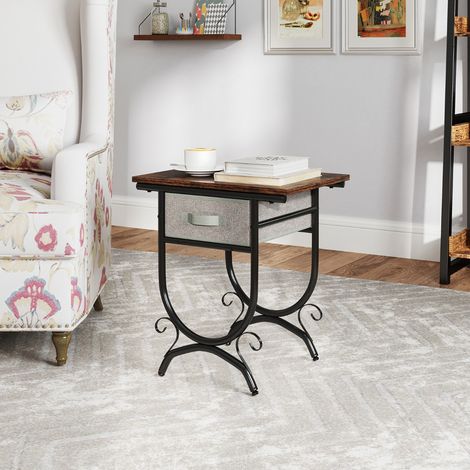 Table de Nuit avec Tiroir en Tissu Table de Chevet Industrielle à 2 Niveaux Table d'Appoint pour Canapé avec Plateau en Bois Compacte (1/5)