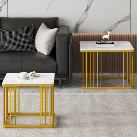 2er-Set quadratische Couchtische 60/45 cm, MDF Weiß Marmoroptik, goldene Beine HAVRYA (1/5)