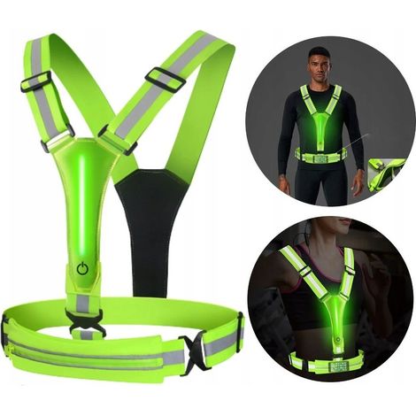 Chaleco reflectante con arn茅s para correr y bicicleta, doble bolsillo USB con 2 LED.
