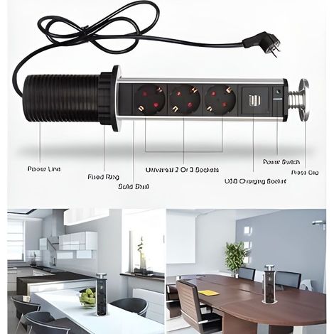 Bloc multiprise escamotable 3 prises + 2 chargeurs USB (1/3)
