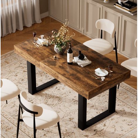 Mesa de comedor extensible de 120 a 160 cm, estilo industrial retro, para 8 personas, marrón rústico y negro (1/5)