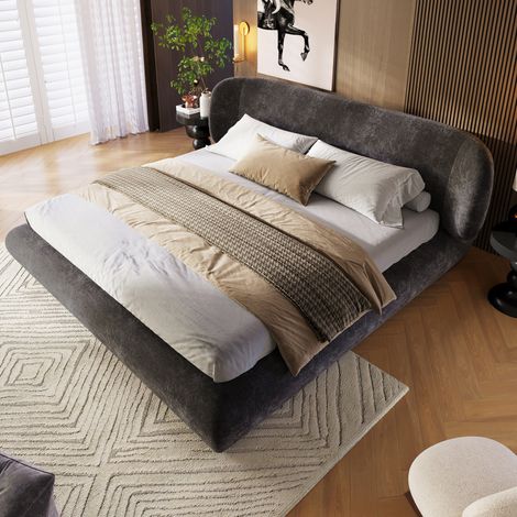 Cama tapizada 160/200 cm gris de chenilla con somier de láminas y cabecero (1/5)