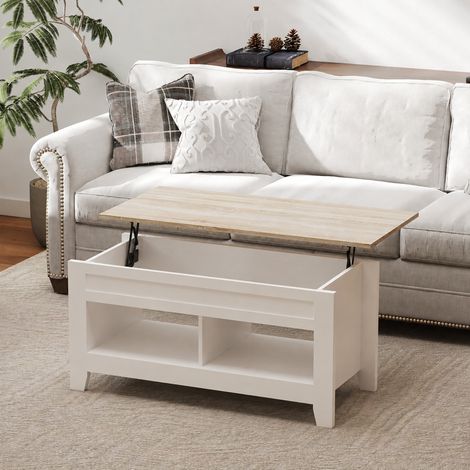 Table basse plateau relevable, table de salon avec étagères et compartiment caché,105 x 50 x 49-62,5 cm blanc (1/5)