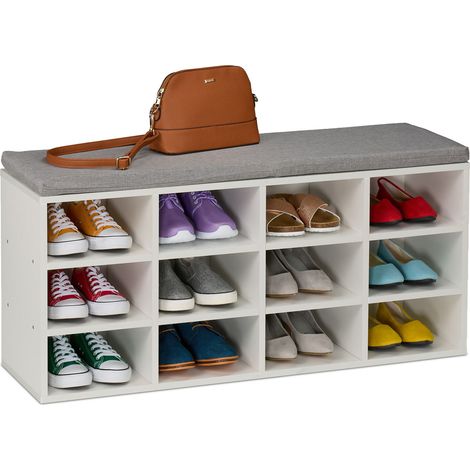 Relaxdays Schuhbank, gepolsterte Sitzfläche, 12 Fächer, HBT: 49,5x104x31 cm, Flur & Schlafzimmer, Schuhregal, weiß/grau
