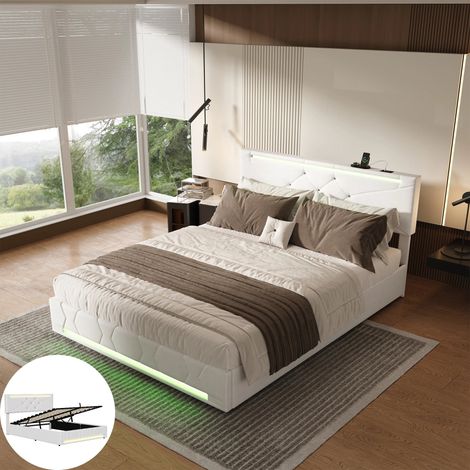 Lit Coffre 140x200 Lin Beige, Rangement Hydraulique et Tête de Lit rembourré, Sommier Inclus, LED et ports USB, pour Chambre Adulte