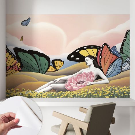 Papier peint adhésif décoratif pour salon chambre et cuisine Facile à poser avec colle Prairie aux papillons 104x70 cm (1/5)