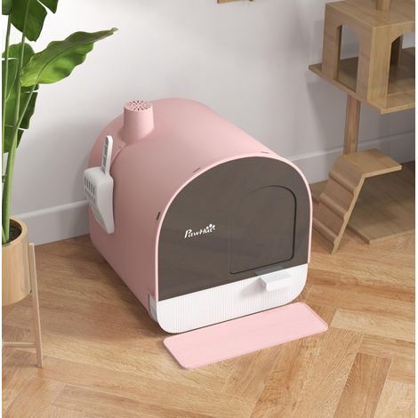 Geschlossene Katzentoilette mit Deckel, Schaufel und Matte, Kunststoff, rosa/schwarz HAVRYA (1/5)
