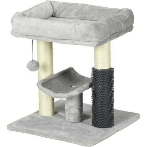 Grauer Katzenbaum 48 cm, Spielturm mit Sisalstaster und Hängeball