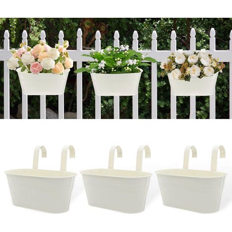 3 Pack Oval Hanging Metal Plant Pots Outdoor Plants Pots with Removable Hooks and Drainage Holes for Fence, Railing, Garden Fence, Cream White (1/5)