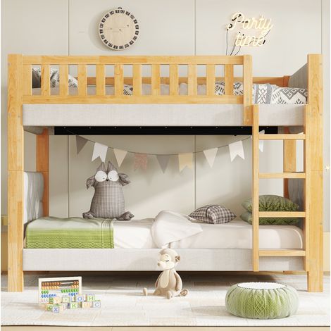 Lit superposé enfant 90 x 200 cm gris et bois avec escalier 4 marches et bords souples (1/5)